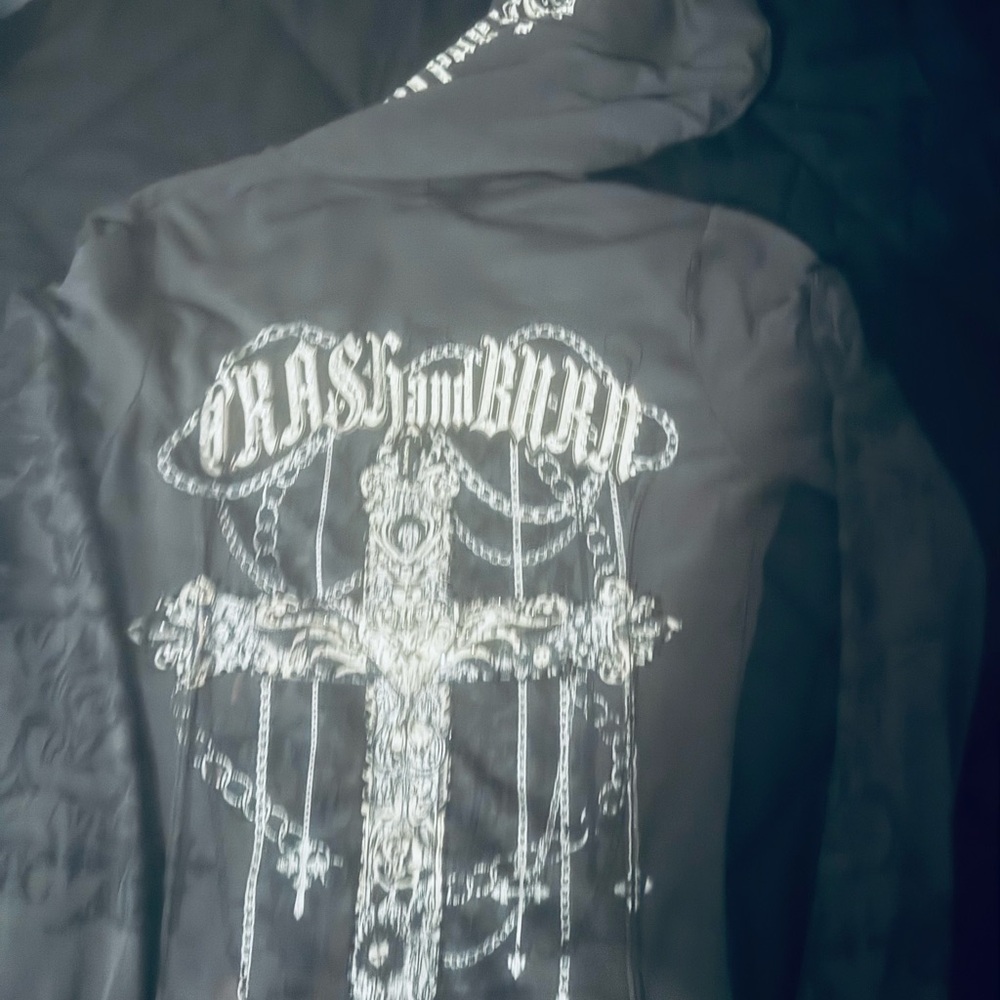 Gray/hoodie with Silver Graphic & covered with rhinestones crosses. Crash & Burn